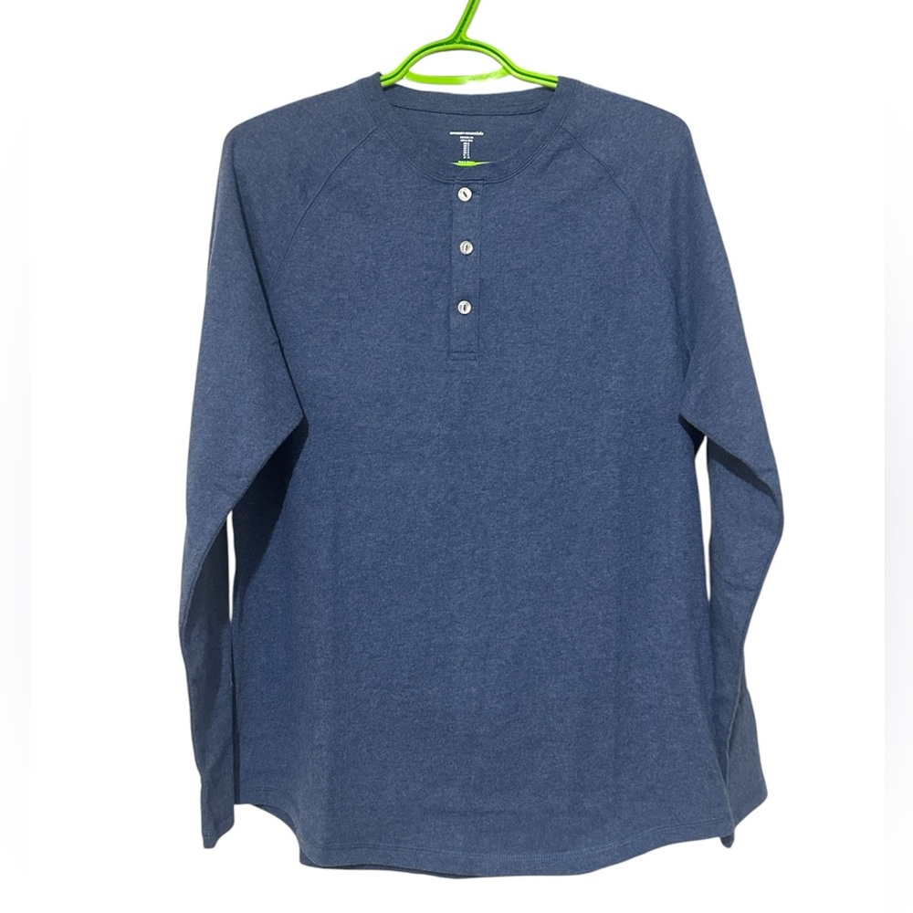 AMAZON Essentials Men’s Blue Heather Regular Fit Long Sleeve Henley Shirt Size S